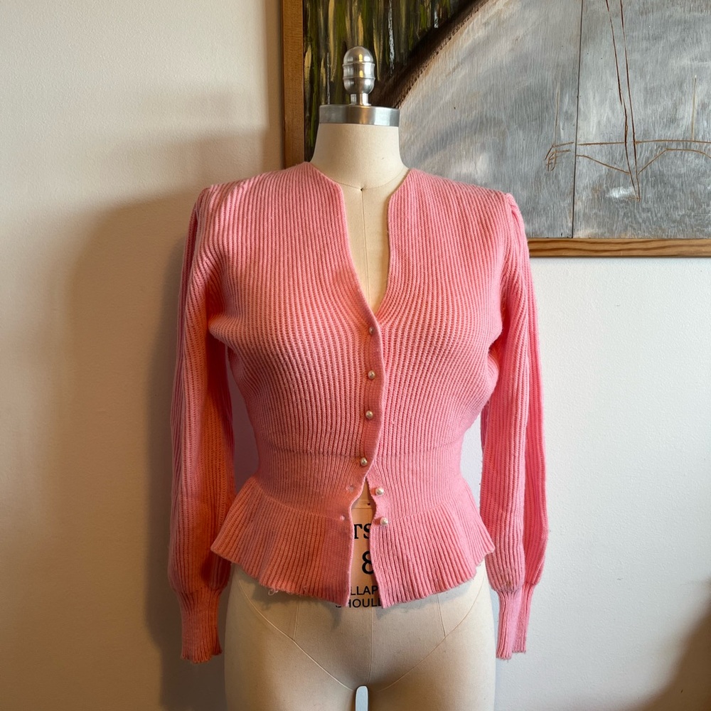 Pink Ribbed Peplum Button Cardigan - Picture 2 of 5